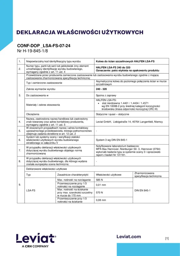 Kotwa do ścian szczelinowych Halfen LSA-FS