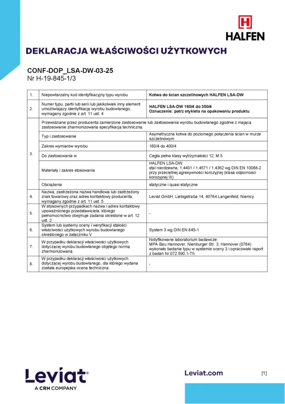 Kotwa do ścian szczelinowych Halfen LSA-DW