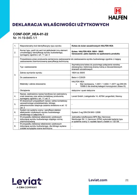Kotwa do ścian szczelinowych Halfen HEA
