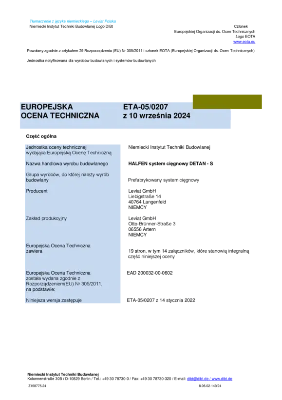 Halfen System Cięgnowy DETAN-S
